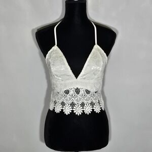 White Floral Lace Halter Crop Top Boho Cottagecore Hippie Fairy Festival Sz M 6